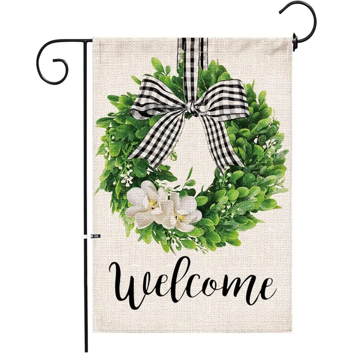 Boxwood Wreath Welcome Garden Flag 12x18in, Double-Sided Buffalo Check Bow Yard Decor, Farmhouse Magnolia Floral Outdoor Banner for Spring Summer Patio Porch