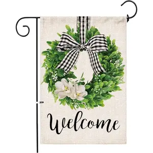 Boxwood Wreath Welcome Garden Flag 12x18in, Double-Sided Buffalo Check Bow Yard Decor, Farmhouse Magnolia Floral Outdoor Banner for Spring Summer Patio Porch