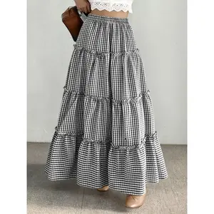 Women's Casual Midi Skirt, Elastic Waist Pleated Gingham Fit Cake Skirt, Perfect for Daily Commute Travel Party