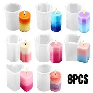 8PCS Candle Mold, Suitable for DIY Cylindrical Candle Silicone Mold Square Hexagonal Heart Striped Plaster Mold for Aromatherapy Plaster Candle Soap