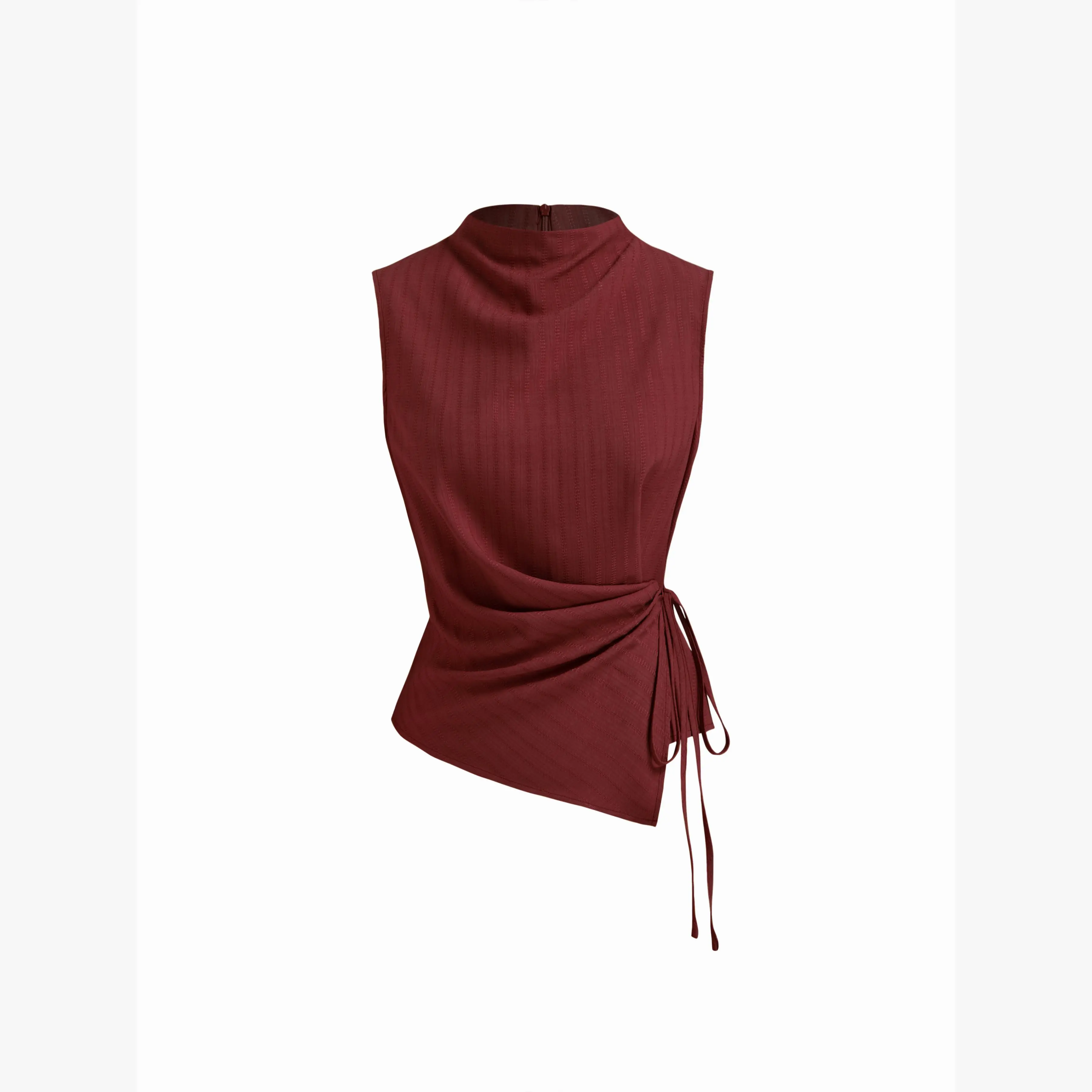 Cider Stand Collar Texture Ruched Knotted Tank Top