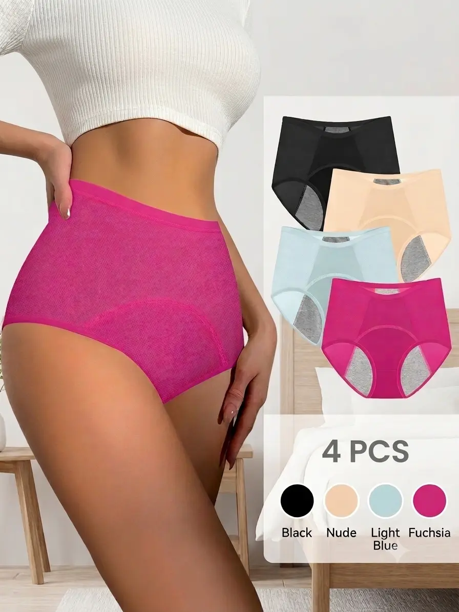 Lady's 4-Pack Basic Leak-Proof Water Proof Reusable High-Waisted Tummy Control Panties, Breathable Seamless Ice Silk Stretchy Breathable Seamless Knickers, S-XXL, Silky, Everyday, Shaper, Fit, Lightweight, Smooth, Comfortable, Period Underwear, Shaper Pan