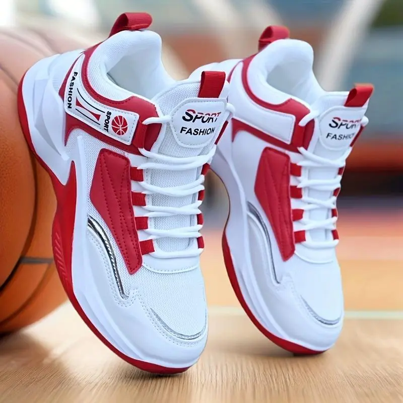 VibeSteps Men'S High-Top Basketball Sneakers - White with Red Accents, Lace-Up, Rubber Sole, All-Season Sports Shoes for Casual & Training, Basketball Training Shoes | Stylish Basketball Shoes | Rubber Base Shoes