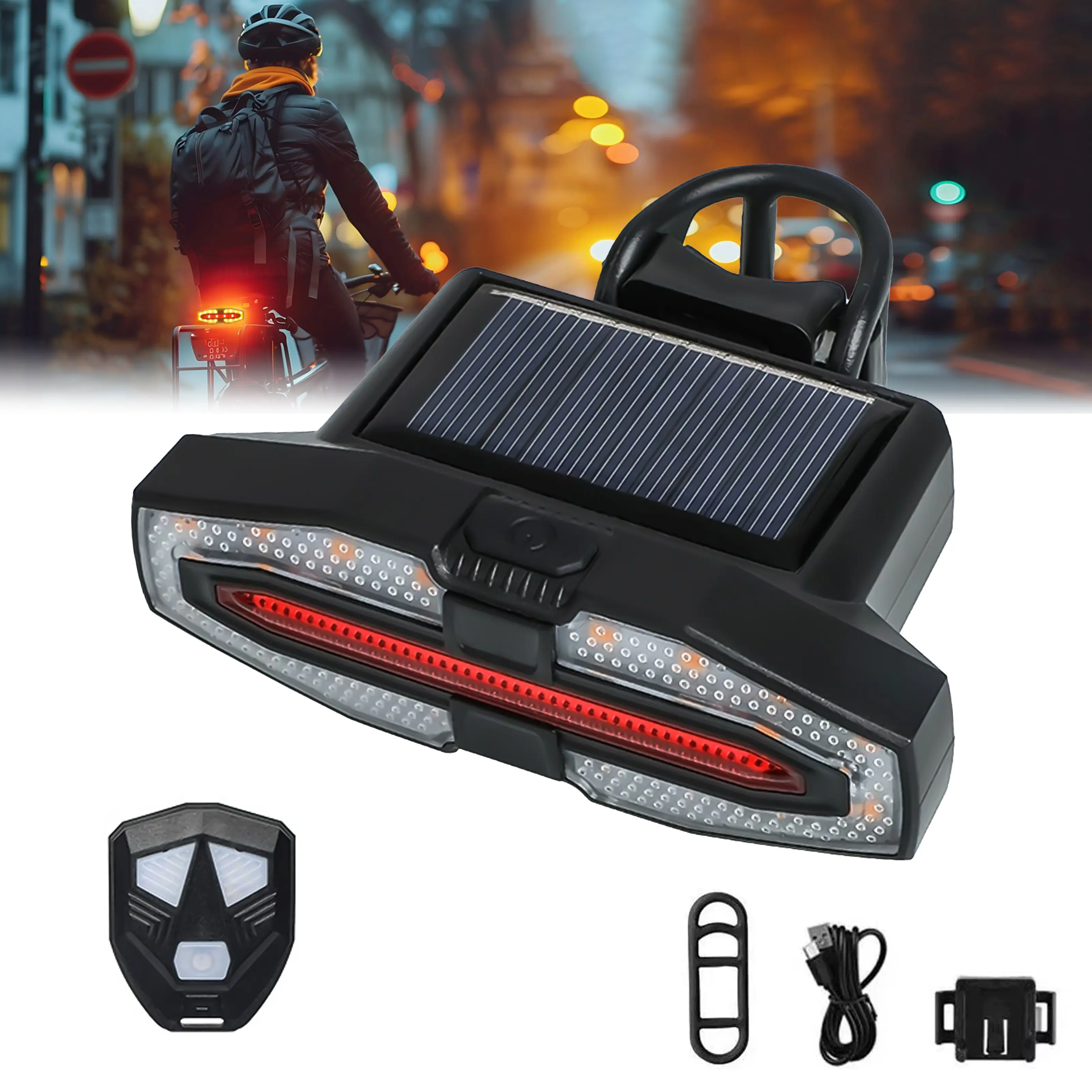 XTAUTO Portable Solar & Type-C Rechargeable Waterproof LED Bike Taillight with Remote Control, Battery, Cable & Controller - Safety Rear Cycling Light for Adult Ebike Accessories, Rubber Strap, Universal Fit, Adults, Type-C Charging, Compact Slips Easily,