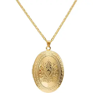 Vintage Engraved Flower Locket Picture Pendant Necklace Oval Heart Locket Hold Photo Memory Jewelry