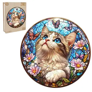 Ragdoll and Butterfly  Wooden Jigsaw Puzzle for Adults and Kids Unique Shape Animal Wood Puzzles Challenging Puzzle Family Game Creative Gifts Laser Cut Durable HDF Wood Puzzle Colorful Floral Beautiful