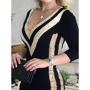 Women’s sequined V-neck dress, elegant and fashionable short-sleeved design, perfect for parties, clubs, and dates; a women’s dress suitable for formal summer occasions. GARMENTARY