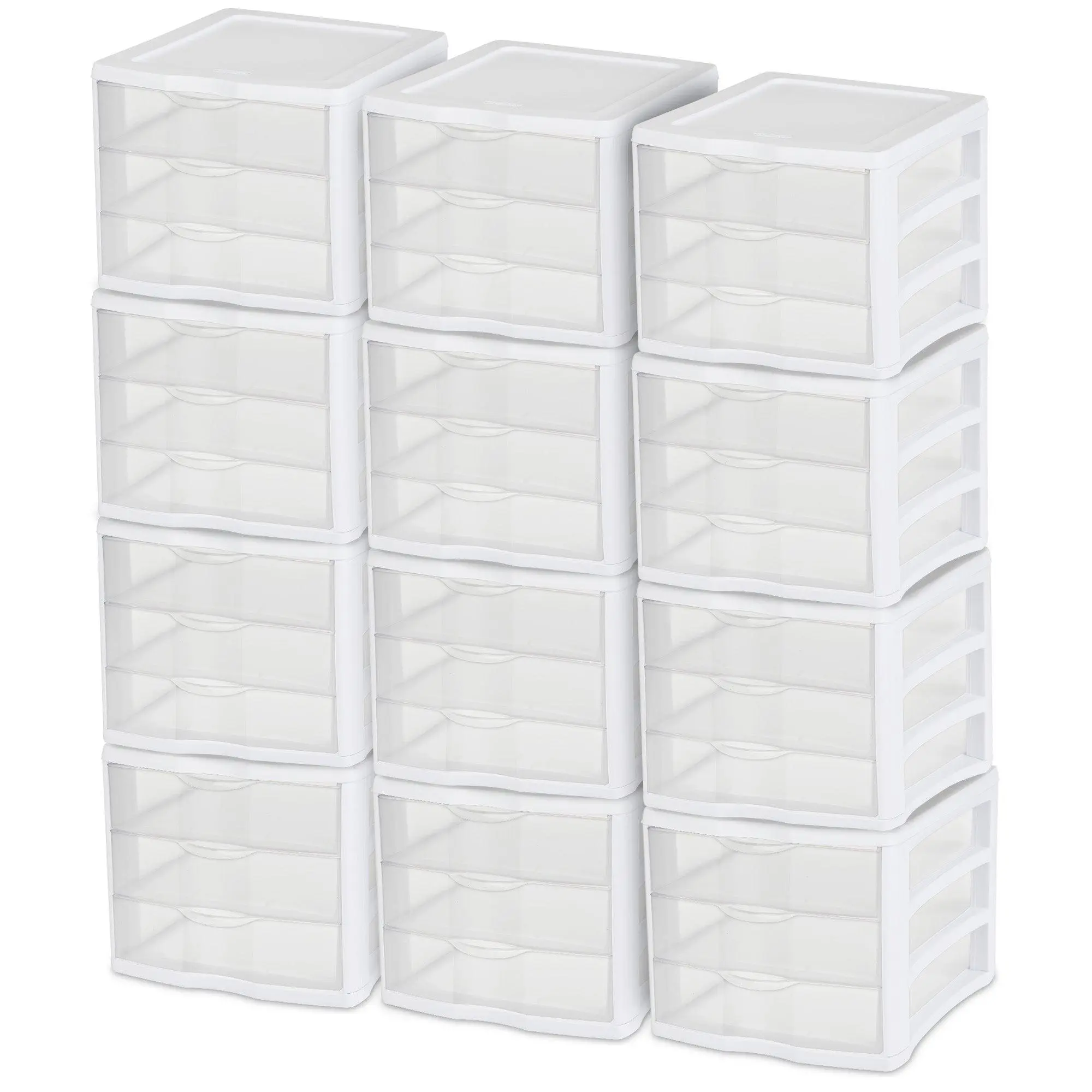 Sterilite ClearView Compact Stacking 3 Drawer Storage Organizer System, 12 Pack
