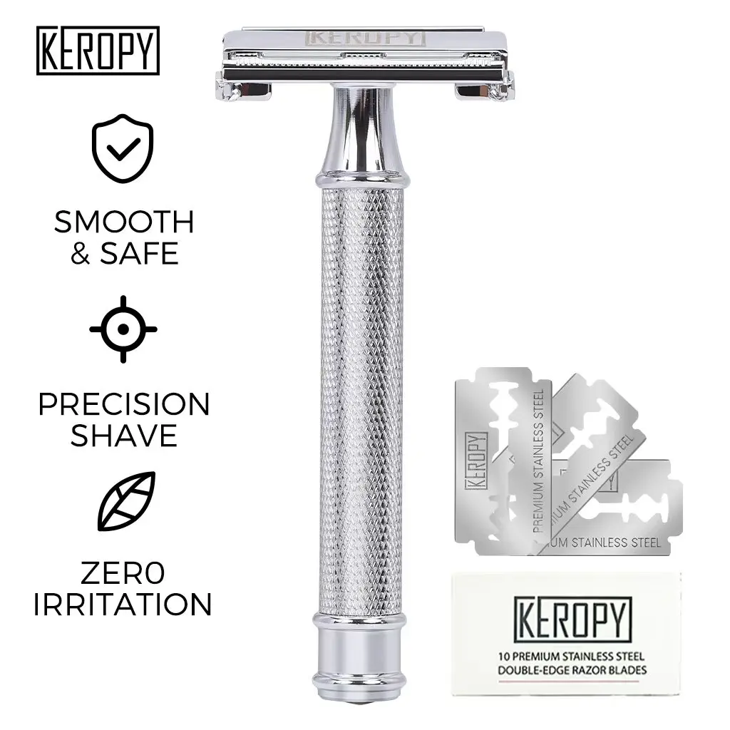 [Keropy] Men's DE Safety Razor - 10-in-1 Reusable Butterfly Metal Set with Premium Stainless Steel Blade Refills, Eco-Friendly Wet Shave Tool for Hair Removal, Beard & Mustache Remover, Double-Blade Razors