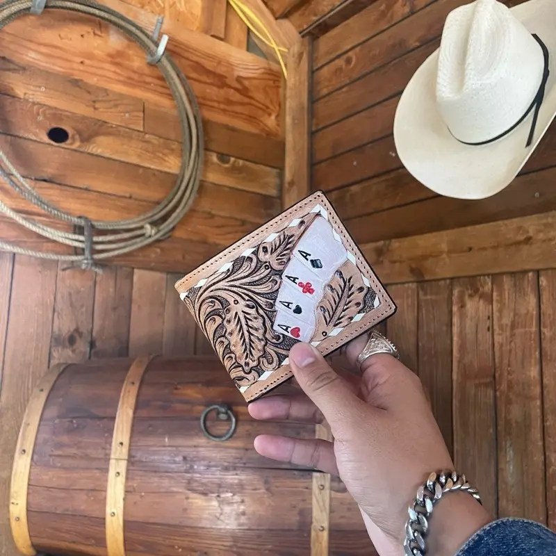 Ace Hand Tooled Half Wallet with Intricate Leaf Design and Card Pocket for Stylish Storage