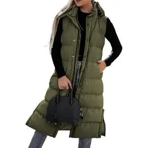 Goranbon Women's long Quilted Vest hooded Sleeveless Button Down puff vest cotton padded jacket winter coat