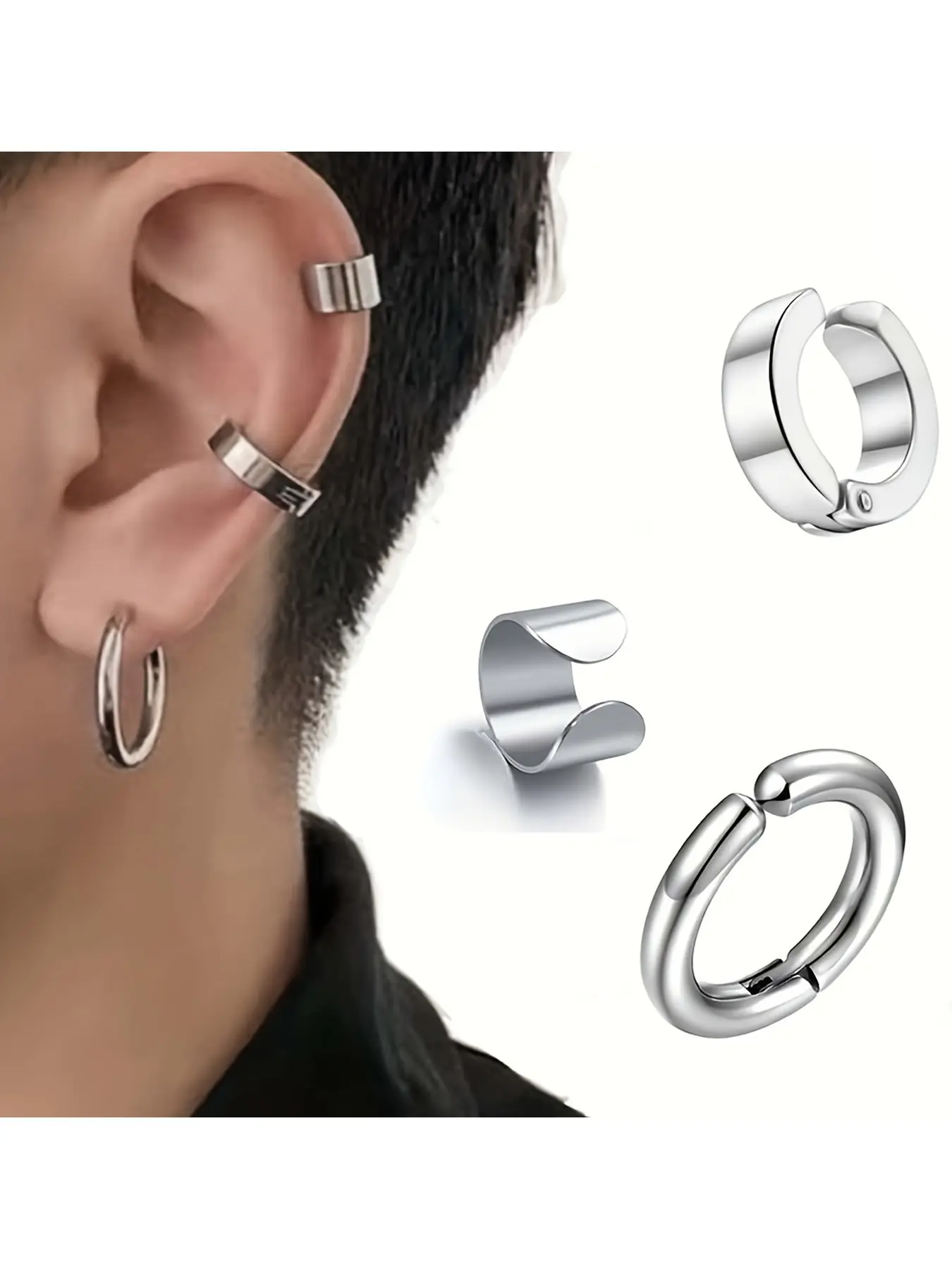3-Piece Hypoallergenic Stainless Steel Men's Ear Cuffs Non Piercing Set, Punk Style Hoop Earrings, Unisex, Perfect Gift, No Battery Needed