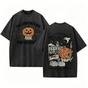 Vintage Halloweentown University Est 1998 T‑Shirt, Pumpkin Spooky Town Washed Black Cotton Oversized Short Sleeve Tee, Retro Halloween Movie Casual Crewneck Shirt with Front & Back Print