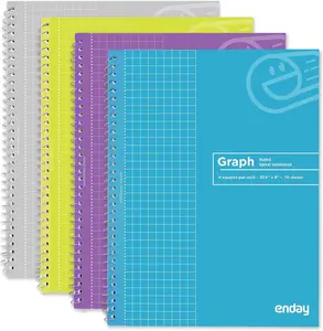 Emraw Graph Paper Notebook (4 Pack) Grid Notebook, Graph paper spiral notebook, Graph notebook, 4 Squares per inch Grid paper notebook, White Paper Quad Ruled Spiral Assorted Colors - by Enday