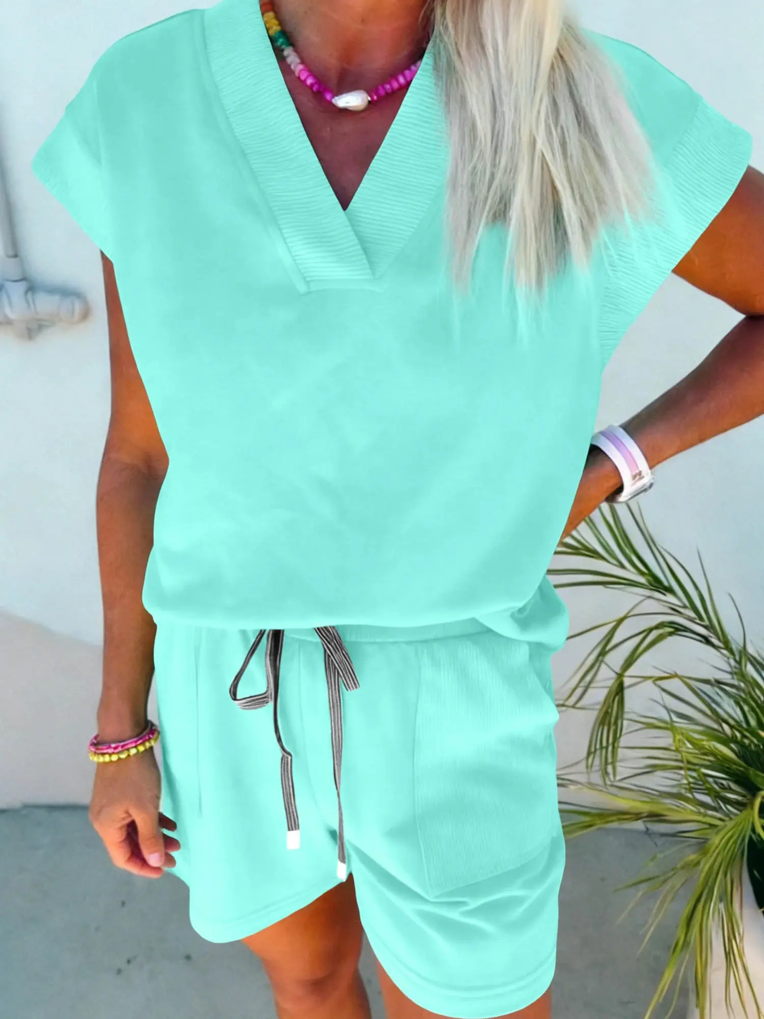 Womens Pastel Green 2 Piece Outfits V Neck Short Sleeve Top and Drawstring Shorts Set Milk Silk Loungewear Valentine's Day Gift