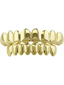 18K Gold Plated Hip Hop Teeth Grillz Punk Custom Fit Teeth Grillz Caps Top & Bottom Grill Set Halloween Party Photo Fancy Dress Accessories