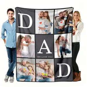 Gift For Dad Flannel Throw Blanket, Custom Photo Blanket With DAD Letters And Soft Cozy Blanket, Warm For Living Room Bedroom Office Nap, Father's Day Birthday Gift For Dad From Daughter Son, We Love You Family Keepsake Home Decor