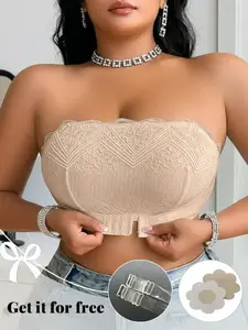 Plus Size Women's Strapless Floral Lace Halter Bralette, Wireless High Elasticity, Detachable Invisible Straps Bandeau Bra, Comfortable Breathable, Elegant Daily Wear Dates and Low Neck