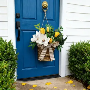 1PC Tulip Spring Flower Basket, Cream Tulip Archway Wreath, 14-inch Spring Wreath, Farmhouse Style Wreath, Spring/Summer Artificial Archway Wreath, Suitable for Front Doors, Porch, Gardens, and Indoor/Outdoor Use, Artificial Woven Basket.