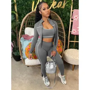 Casual 3 Piece Set Women Tracksuit Elastic Vest+Zip Jacket+Leggings Matching Street Sporty Fitness Street Shapewear