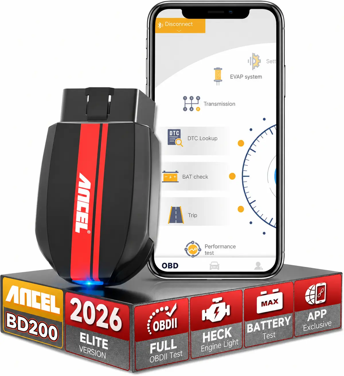 ANCEL BD200 Automotive Diagnostic Scanner, Bluetooth OBD2 Code Reader Plug-and-Play Adapter for DIY Car Repairs, with Car Battery Test, Check Engine Function, Real-Time Data, Performance Test, Lifetime Free Updates & How-To Guides