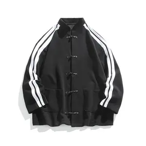 Frog-button open cardigan design; thick sweater; loose, fashionable L-shaped flowing jacket; new men’s outerwear for couples; long-sleeved black casual top