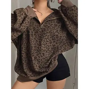 Plus size women's zipper printed long sleeved pullover hoodie, sweatshirt