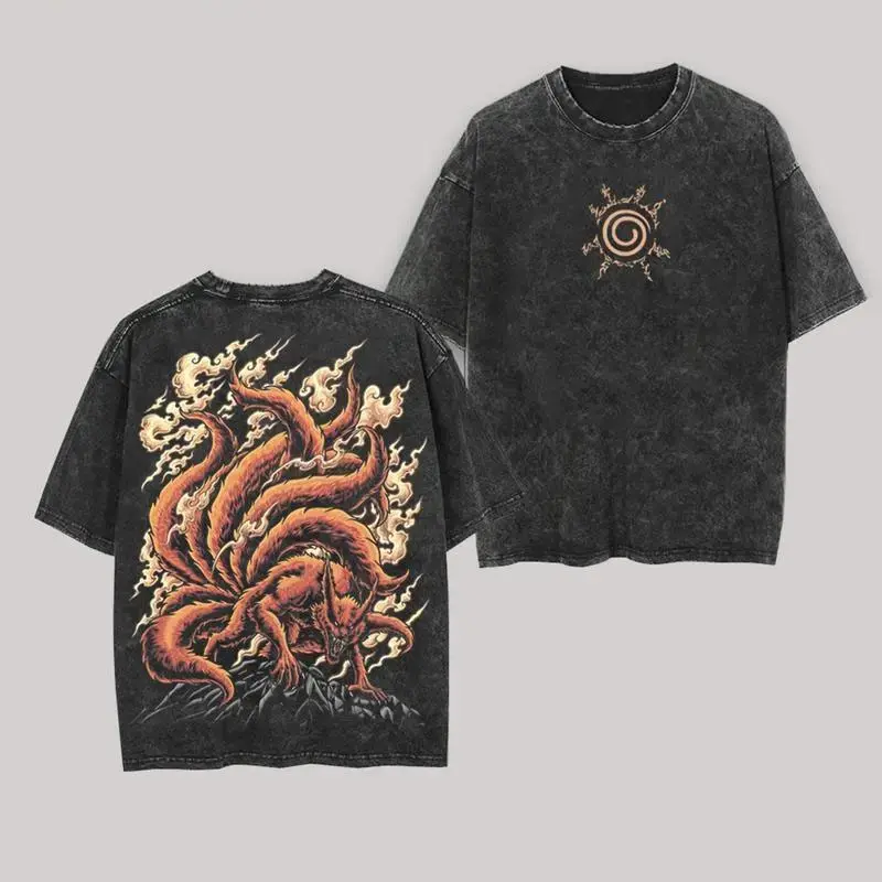 Jinchuriki Kurama Nine Tailed Fox Naruto Shippuden Retro Vintage Unisex Anime Manga Acid Washed Lightweight Cotton T-shirt, Anime Clothing