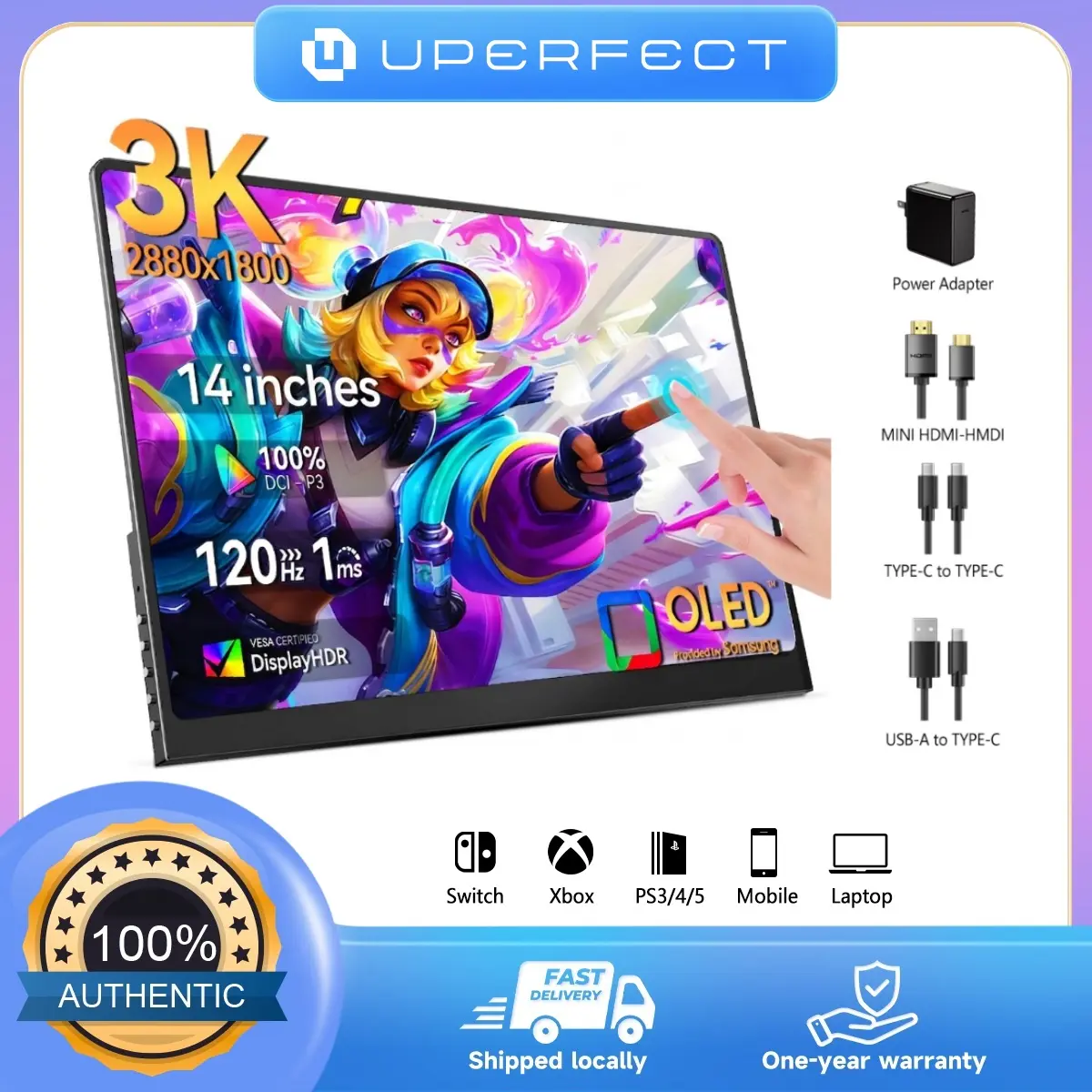 UPERFECT GR14BU 14" 3K OLED Portable Monitor, 120Hz Touchscreen Gaming Display, 109.9% DCI-P3, 149.1% sRGB, Portable Gaming Monitor for Laptop, PC & Console