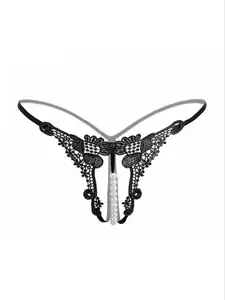 1 piece fashionable lace embroidered sexy women's panties, low waist thong, artificial pearl massaging crotch design, Valentine's Day date, gift