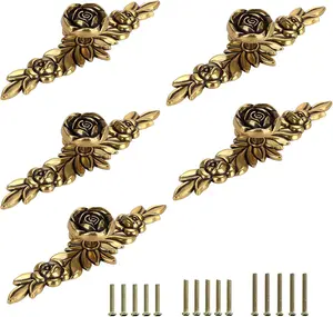 Pack of 5 Euro Rose Decorative Cabinet Knobs with Plate, Floral  Drawer Knob Cupboard Door Knobs,  White Drawer Pulls Cabinet Handle Knobs for Dresser Cabinet