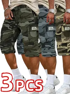 Camouflage twill shorts with pockets, three-piece set; men’s casual khaki long pants in green and black, suitable for everyday wear.bop, shorts Menswear Stylish Trouser
