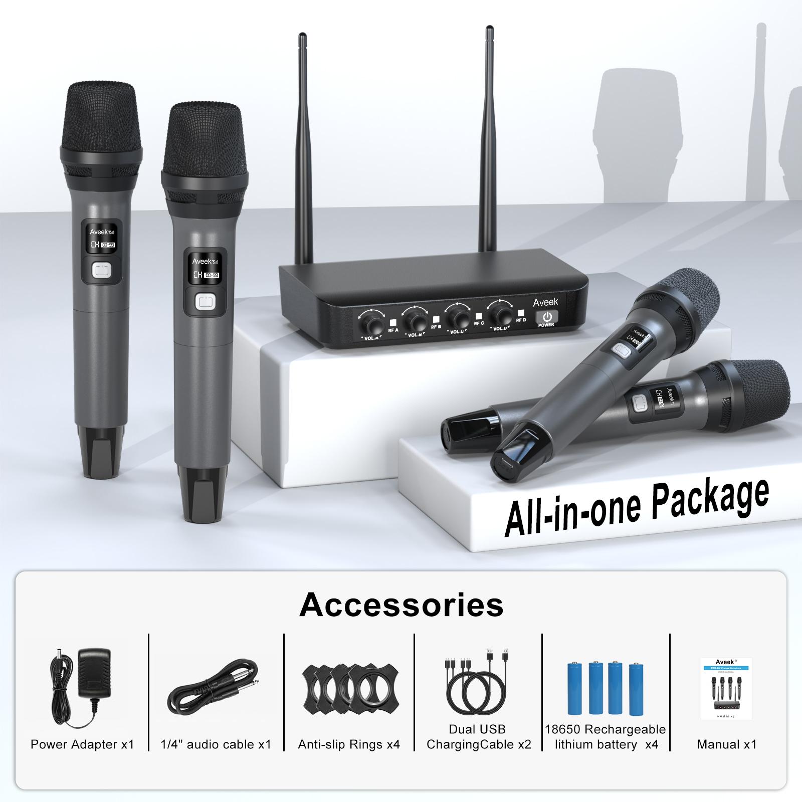 Aveek Wireless Microphone System with 4-Pack Dynamic Handheld Mics, 256ft Long Range, 40-Hour Battery, Low Latency Studio Sound for Karaoke, Singing, Speech, Church, Stage, Wedding, DJ & Events