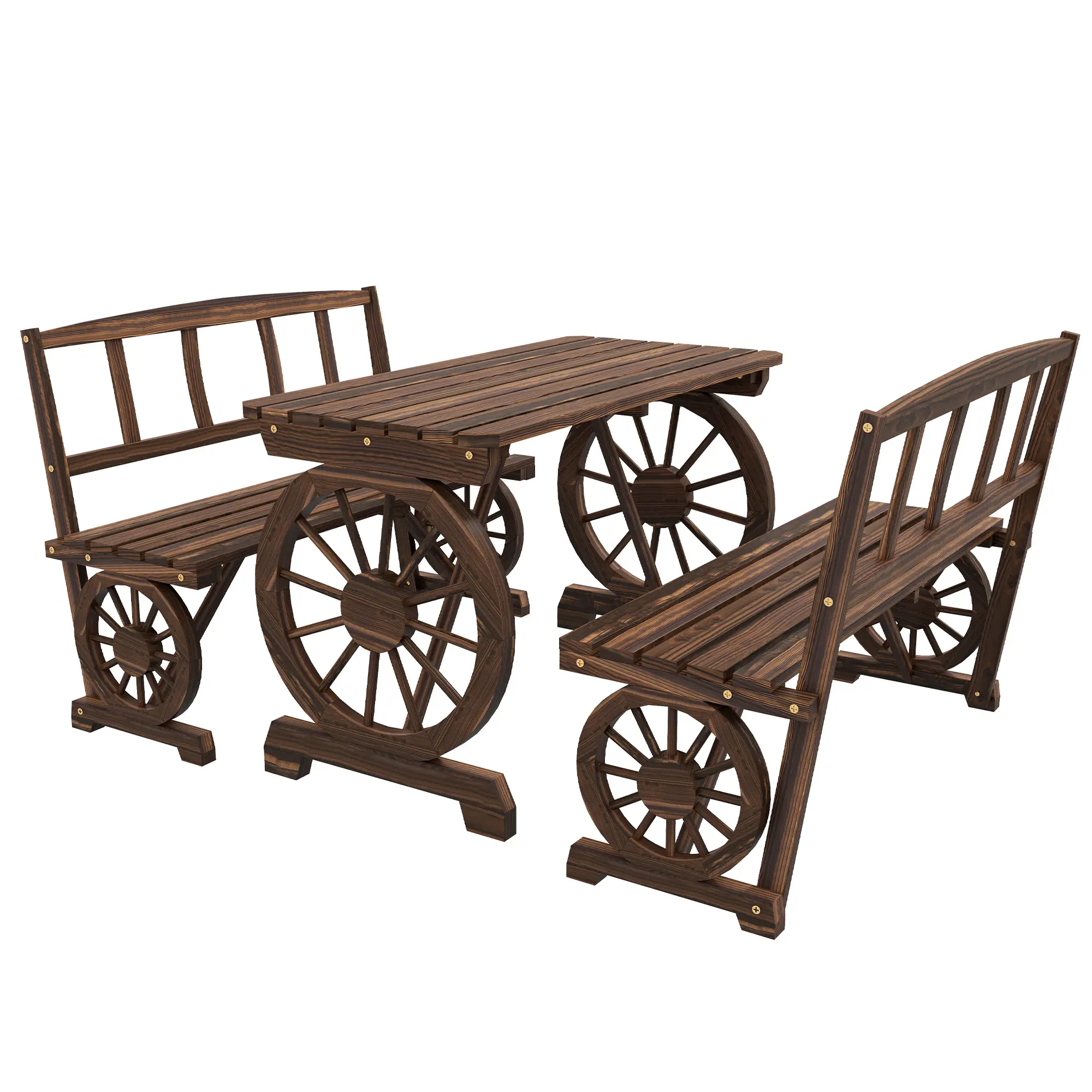 Outsunny Outdoor Table and Chairs for 4 People, Wooden Patio Table and Dining Bench Set, 3 Piece All Weather Furniture Set with Wagon Wheel Design for Backyard Garden, Deck, Carbonized