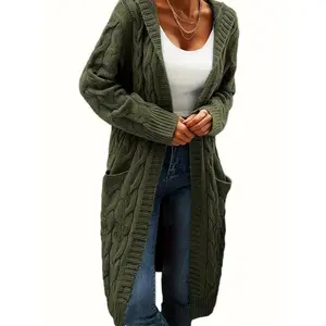 Solid Open Twisted Knitted Hooded Cardigan, Casual Long Sleeve Mid-Length Sweater with Pockets, Women's Clothing
