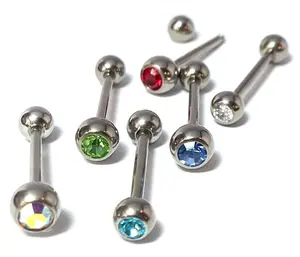 1pc Solid Grade 23 Titanium Barbell 14g, 5/8" (16mm) Tongue Tounge Ring w/Gem