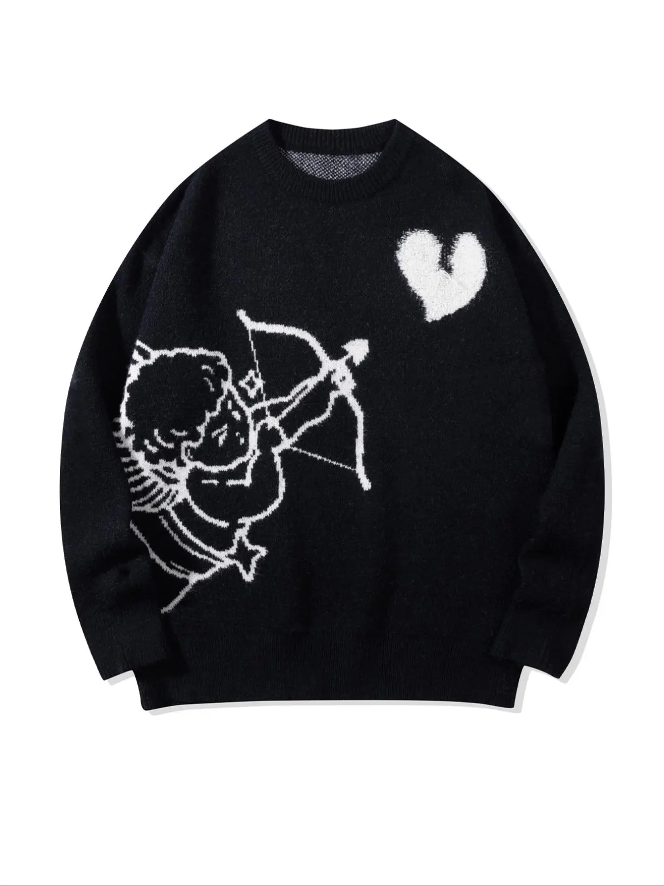 Men's Angel & Heart & Letter Print Drop Shoulder Sweater Pullover Knitwear Tops, Casual Loose Baggy Soft Comfy Textured Fabric Long Sleeve Round Neck Jumper for Spring & Fall, Fashion Men's Clothes for Daily Wear
