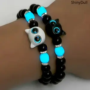 2PCS Cat Beaded Bracelet Set - Glow-in-the-Dark Resin Glitter Stretch Bracelets for Women & Men