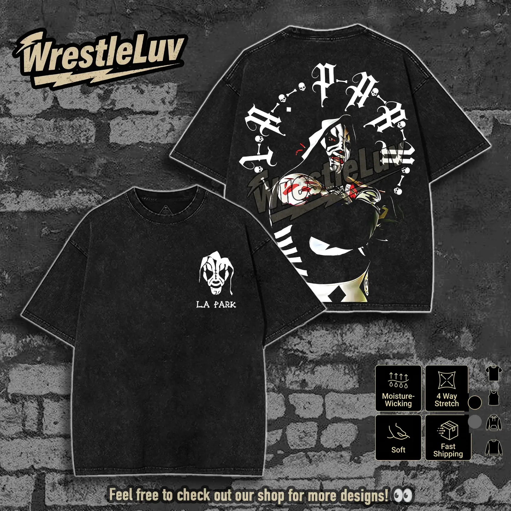 LA PARK Skeleton King Lucha Libre Graphic Tee Washed Black Gothic Font Vintage Style Unisex Short Sleeve All Season Collector's Edition 100% Cotton