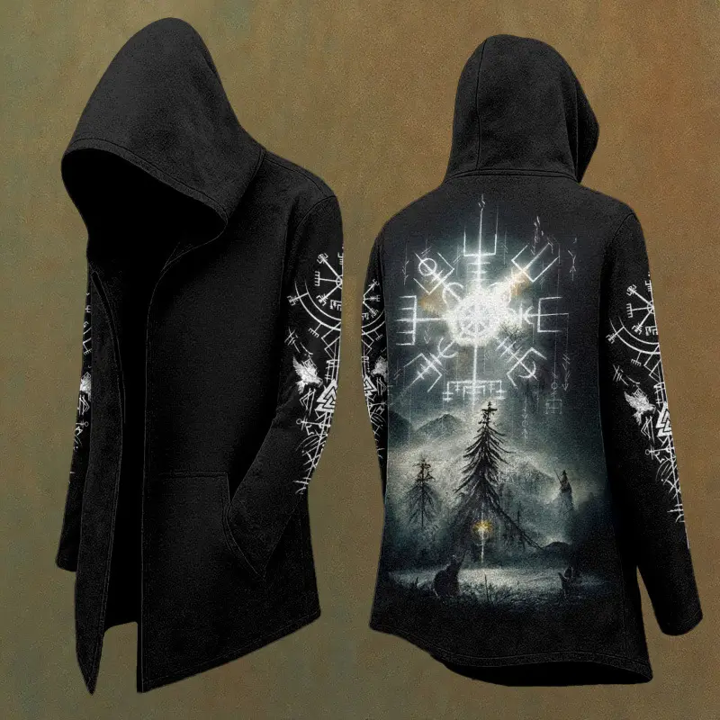 Men’s Viking Norse Hooded Cloak Coat, Vegvisir Wolf Yggdrasil Stag Print Open Front Mid-Length Robe, White Lining