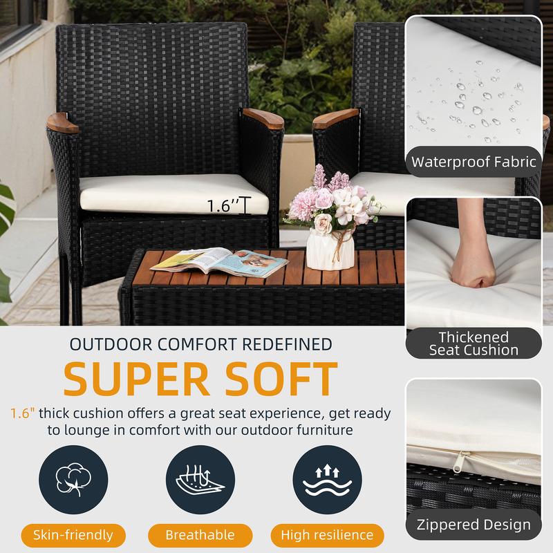 Walsunny 4-Piece Patio Furniture Set, Outdoor Wicker Patio Set with Cushions and Wooden Table for Lawn Backyard, White Rustic Dining Compact