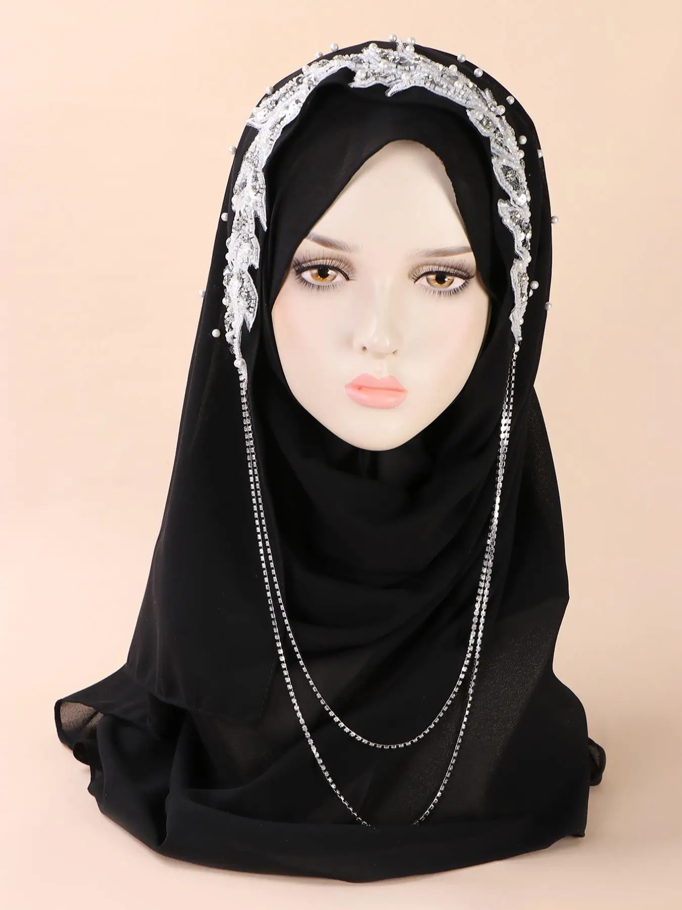 Faux Pearls Decor Long Khimar, Elegant Leaf Embroidery Long Scarf for Women & Girls, Fashion Khimar for Party, Daily Clothing Decor, Exquisite Khimar