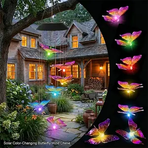 Warm summer gift: Purple & Yellow Butterfly Solar Color-Changing Wind Chimes. Perfect gift for moms and grandmas. Waterproof for porches, yards and gardens. Sweet chimes plus shifting lights brighten your summer.