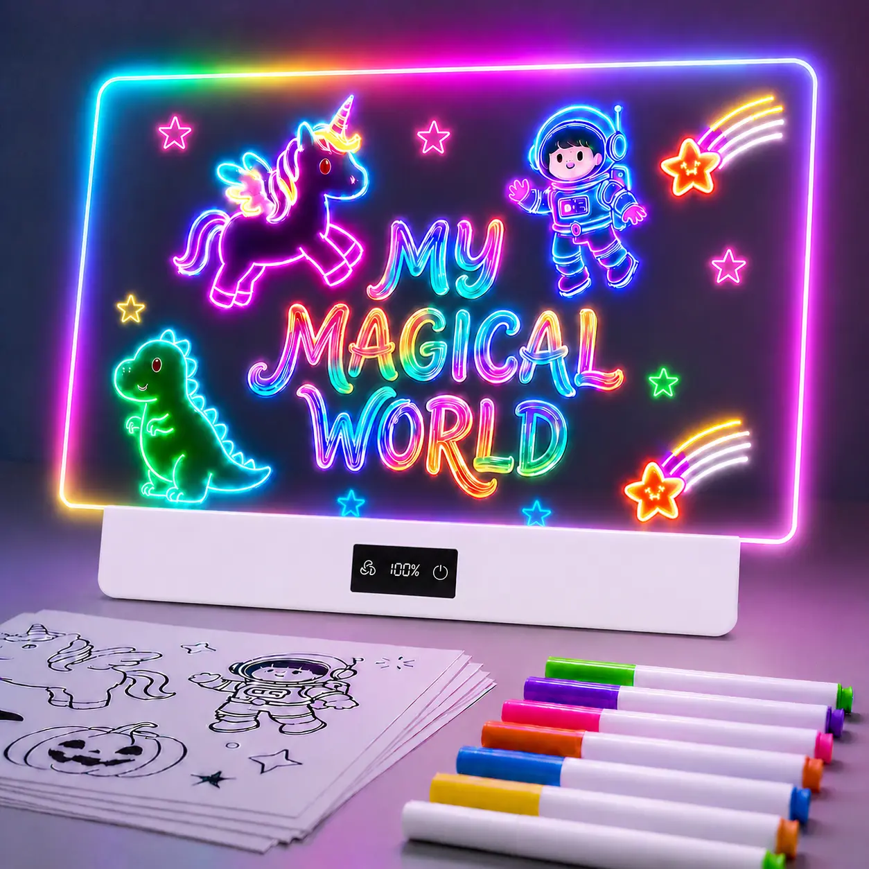 TAEMVV 16" LED Drawing Board for Kids with 8 Colors 3 Dynamic Modes, Rechargeable 15H Battery Display, Glow Light Up Note Board Birthday Gifts Toys for Girls Ages 3 4 5 6 8-12,