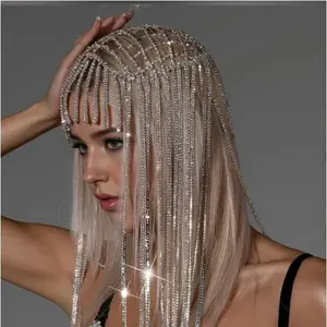 Women's Super Shiny Full Rhinestone Tassel Head Chain, Luxury Long Fringe Hair Accessory, Elegant Bridal Headdress for Wedding, Stage Events