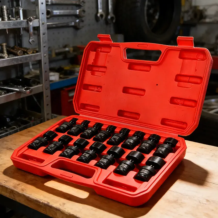15-Piece 3/8" Drive Universal Impact Socket Set, Metric (8-22mm) Shallow Swivel Sockets, 6-Point CR-MO Steel Flexible Wobble Kit for Auto Repair & Tight Spaces