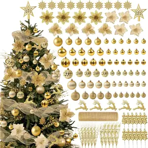 105-Piece Christmas Tree Ornament Set Includes shatterproof gold baubles, poinsettia berries, and metallic mesh ribbon Ideal for Christmas tree holiday winter decorations Gold