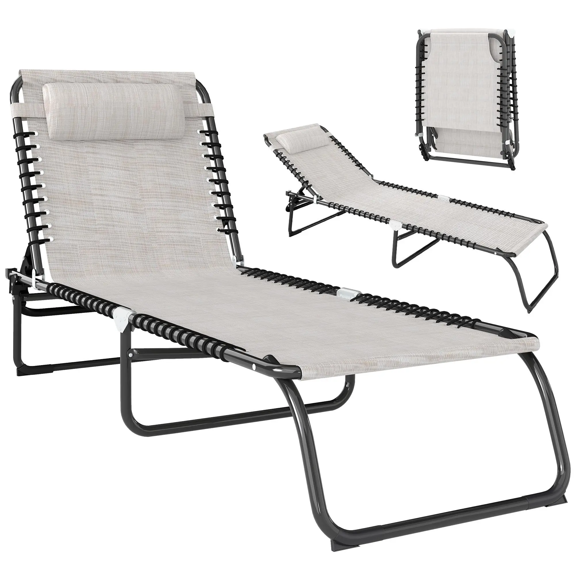 Folding Mesh Bungee Chaise Lounge Chair with Breathable Design, Headrest, 4-Position Adjustability & Sturdy Steel Frame – Ideal for Beach & Porch Relaxation, Napping