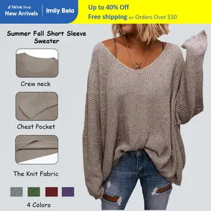 Womens V Neck Oversized Sweater Long Sleeve Knit Pullover Loose Fit