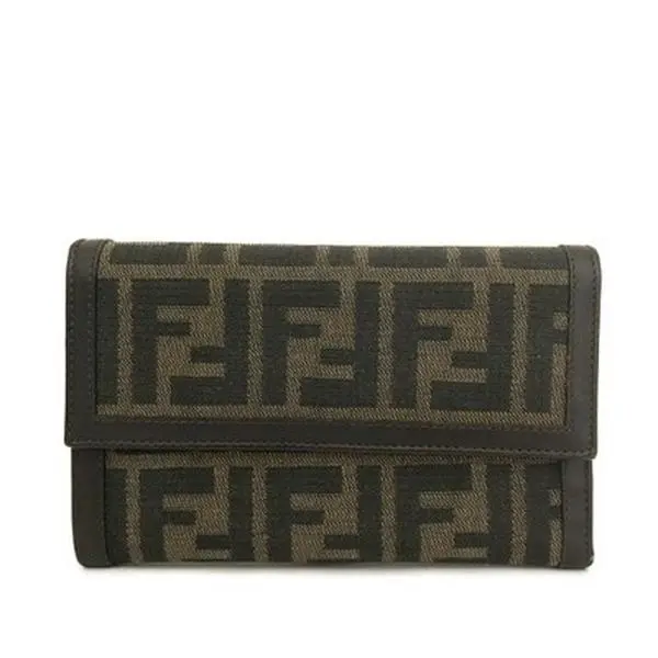 Pre-owned FENDI Other Other Zucca Canvas Leather Trifold Wallet Khaki 12855192323/272189